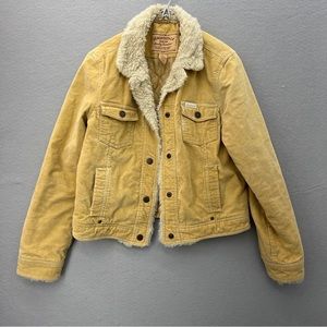 Aeropostale Corduroy Women’s Jacket Tan Snap Button Pockets Faux Fur Trim Medium